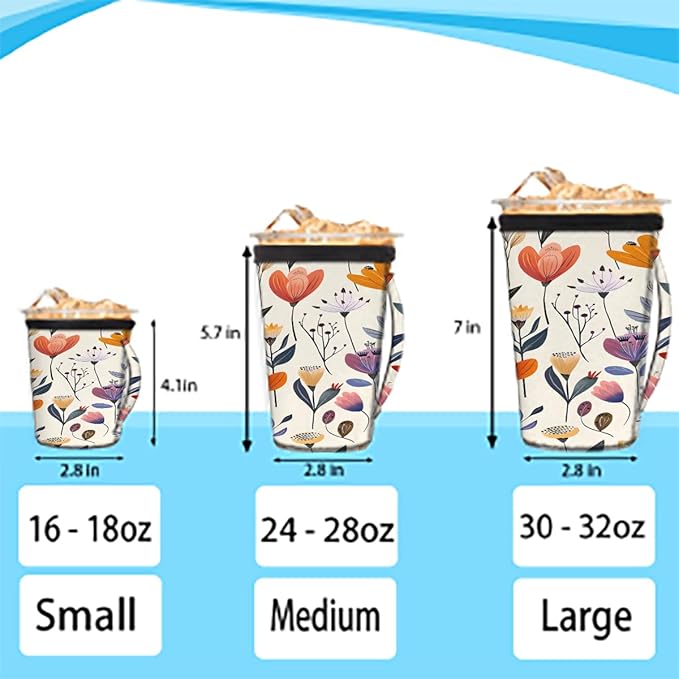 Reusable Iced Coffee Cup Sleeve Flowers Summer Neoprene Insulated Sleeves Cup Holder with handle Idea for 30oz - 32oz