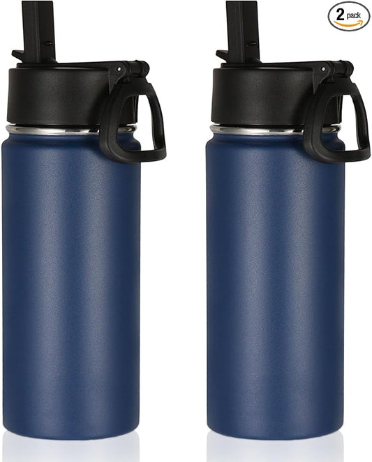Volhoply 16 OZ Kids Water Bottle Bulk 2 Pack,Insulated Sports Bottles with Straw Lid,Stainless Steel Bottle with Handle Keep Cold & Hot,Double Wall Vacuum Tumbler Cups for School,Girls(Navy, 2)