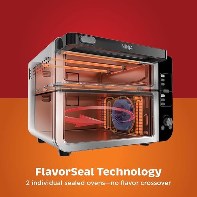 Ninja DCT451 12-in-1 Smart Double Oven with FlexDoor, Thermometer, FlavorSeal, Smart Finish, Rapid Top Convection and Air Fry Bottom , Stainless Steel