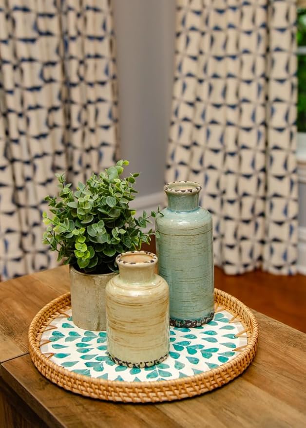 Round Rattan Serving Tray with Mother of Pearl Inlay, Wicker Coffee Table Decor, Farmhouse Style (Teal Tan Flower)