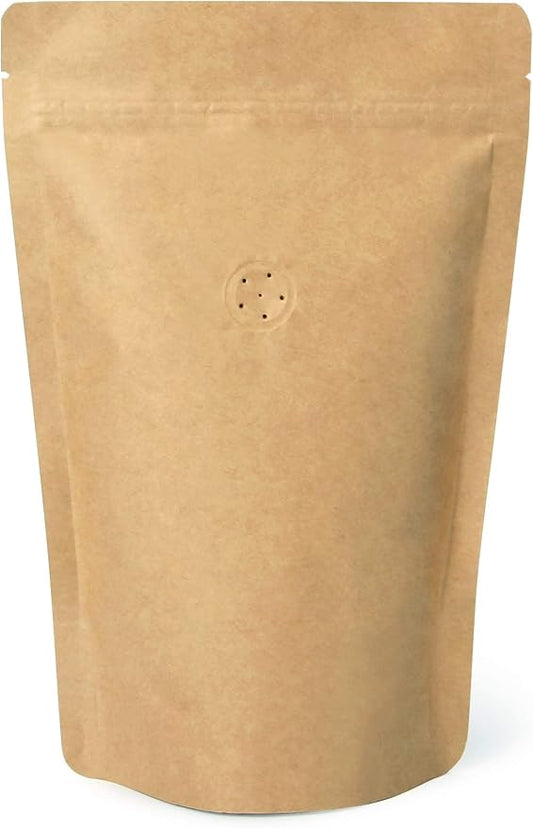 50 Counts High Barrier Natural Kraft Paper Stand up Zipper Coffee Pouch Bag with One Way Degassing Valve (50, 16 OZ/1 LB/454-500 Gram)