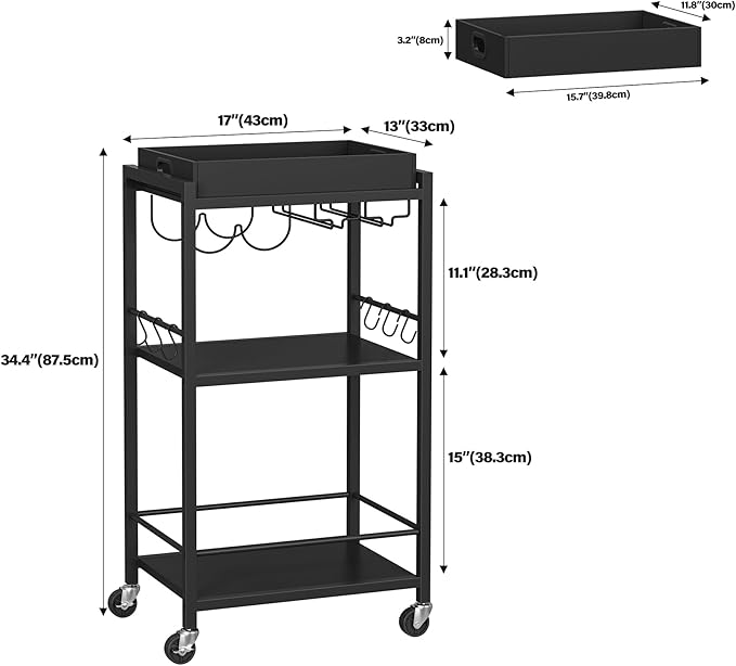 TUTOTAK Bar Cart with Removable Tray, Home Bar Serving Cart, Drink Cart, Mobile Kitchen Shelf with Wine Rack and Glass Holder, Rolling Beverage Cart for Living Room, Kitchen, Black BC01BK036