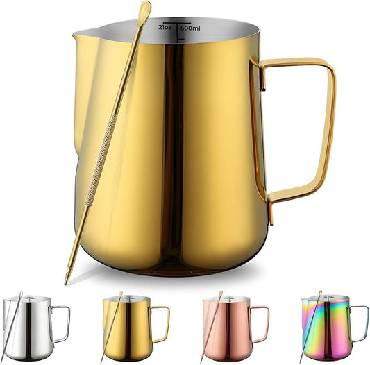 Milk Frothing Pitcher 21oz - 620ml, Kyraton Stainless Steel Espresso Steaming Pitchers with Decorating Pen,Milk Coffee Frother Cups Cappuccino Latte Art Barista Steam Pitchers Milk Jug Cup (Gold)