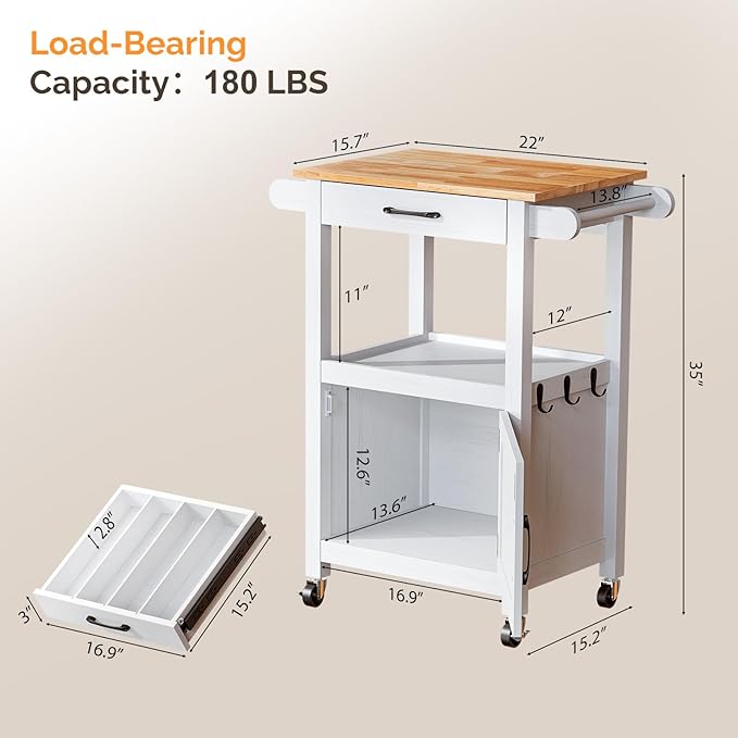 VINGLI Small Kitchen Island Cart on Wheels with Storage, Rolling Kitchen Island with 1 Drawer & 1 Shelf, Towel Rack & Cabinet, Kitchen Island Cart with Storage, White