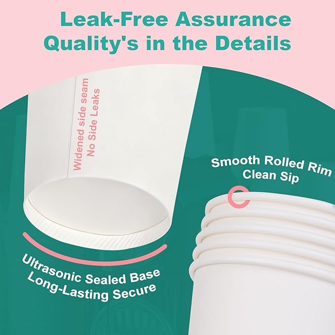 Paper Coffee Cups 12 OZ Disposable Hot and Cold Cups, Leak-Proof White Cups for Coffee, Tea, Ideal for Home, Office, and Events (100 Count)