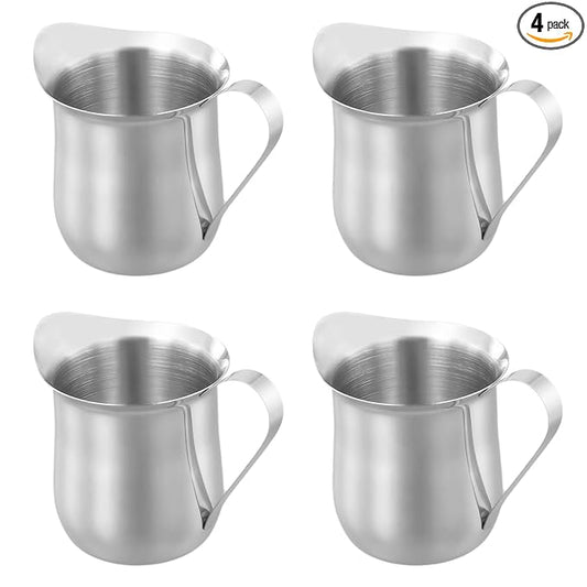KEILEOHO 4 PCS 7oz Stainless Steel Bell Creamer, Small Creamer Pitcher, Bell Creamers Cup with Pouring Mouth for Cream, Milk, Coffee, Sauce