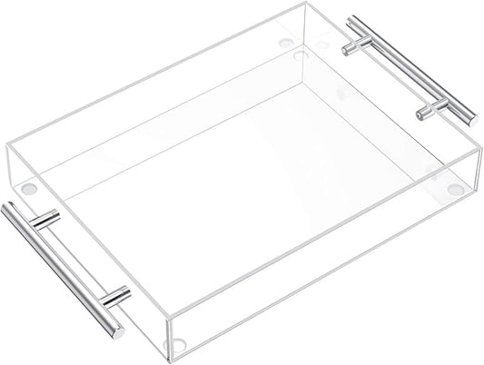 Richboom Clear Acrylic Serving Tray 16"x12" - Coffee Table Living Room Kitchen Decorative Tray with Silver Metal Handles, Bathroom Vanity Tray Perfume Cosmetic Storage Organizer
