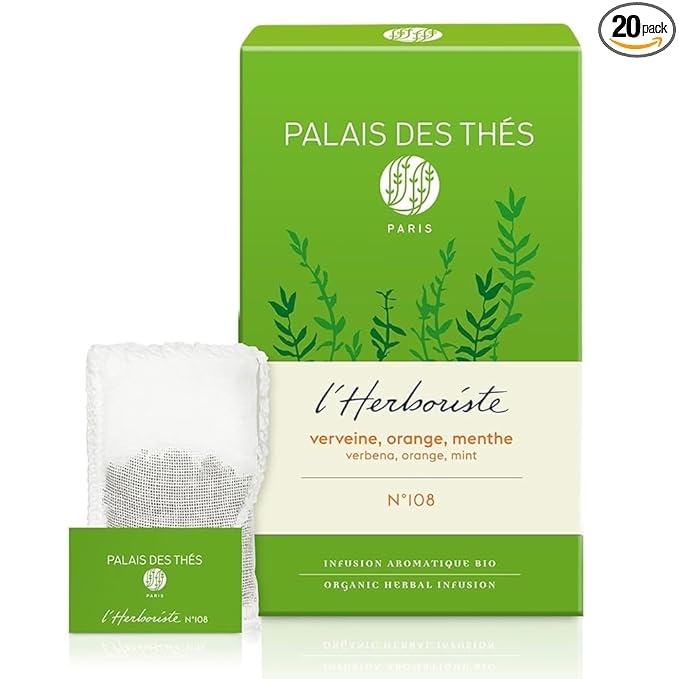 Palais des Thés Caffeine-Free Tea - L'Herboriste N°108 Organic Relaxation Herbal Blend with Lemon Verbena, Orange & Mint - Premium Tea Bags, Serves 20 Cups