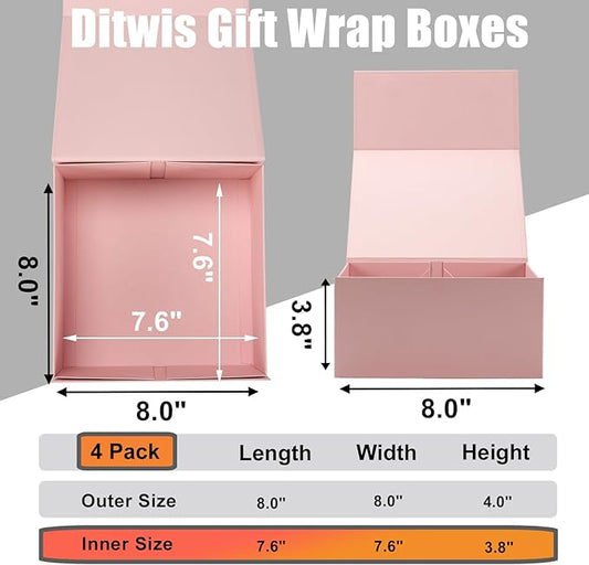 4 Pack 8x8x4 Inches Gift Boxes with Magnetic Closure Lids, Pink Magnetic Box for Wedding, Groomsmen Bridesmaid Proposal, Birthdays, Mother's Day