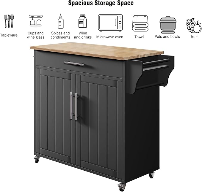 Kitchen Storage Island, Wooden Rolling Kitchen Island On Wheels with Countertop, Mobile Kitchen Island Cart with Towel Rack, Spice Rack and Drawers, Black