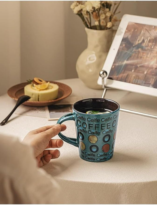 Ceramic Coffee Mugs Set of 1, 12 oz Stoneware Coffee Cup with Spoon and Lid, Cup for Latte, Tea, Cappuccino, Cocoa, Microwave Dishwasher Safe, Modern Unique Aesthetic Christmas Gift, Green Letter Cup