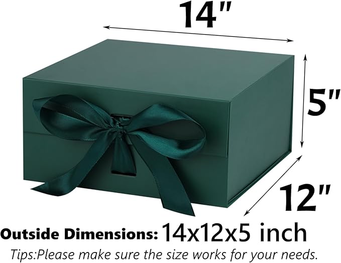 OEMVALATY Green Gift Box,14x12x5 Inches Gift Boxes with Lids for Presents with Magnetic Closure and Ribbon for Wedding,Storage,Birthday(5-Pack)