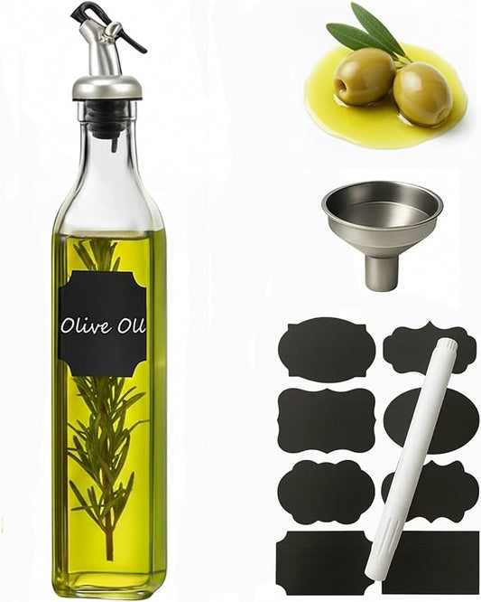 WERTIOO Olive Oil Dispenser Bottle, 17 OZ Glass Oil Dispenser for Kitchen with 1 Pourer,1 Stainless Steel Funnel & 1 Pen and 8 Label for Kitchen (500ml)