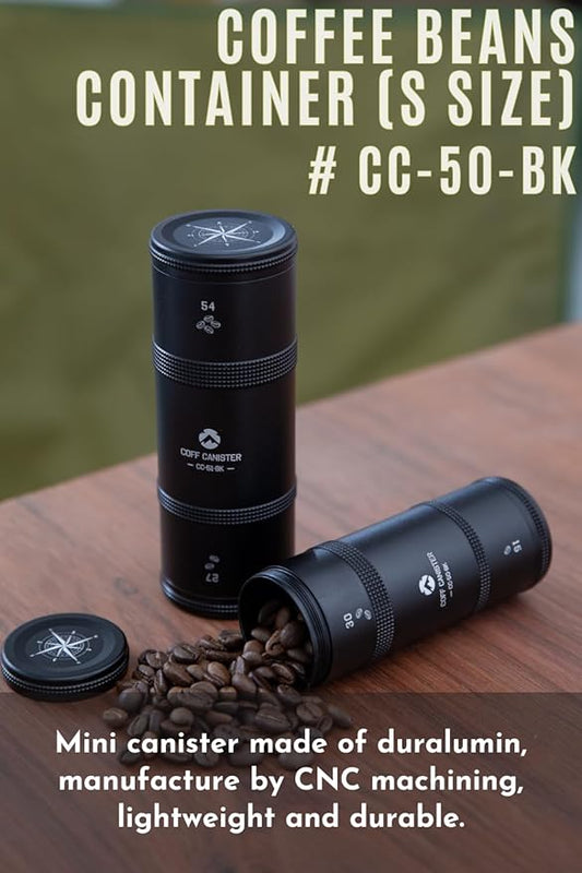 CAMPINGMOON 2-Layer Portable Coffee Bean Storage Canister Airtight Duralumin Coffee Travel Container Camping Lightweight Slim Mini Tea Caddy CNC Machined Metal Spice Jar Black S15g 30g CC-50-BK