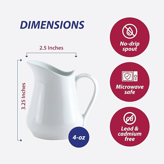 HIC Kitchen Creamer Pitcher With Handle, Fine Porcelain, 4-Ounce Capacity, For Coffee, Tea, Dressings, Sauces, Set of 2