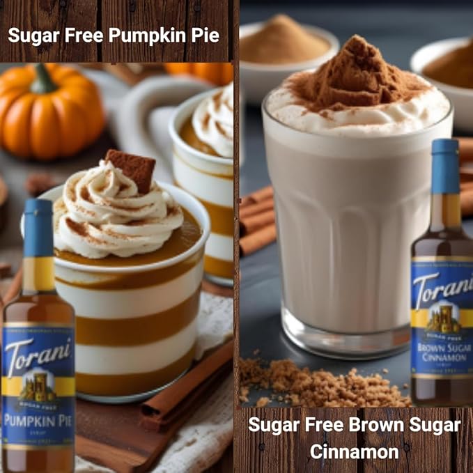 Jimoco Syrup Pump & Torani Syrup Bundle - Sugar Free Holiday Flavors, SF Pumpkin Pie, Brown Sugar Cinnamon, Peppermint, Vanilla Bean, French Vanilla, Caramel Classic - For Italian Soda Coffee, Lattes, Frappes With 6 Pump Dispensers