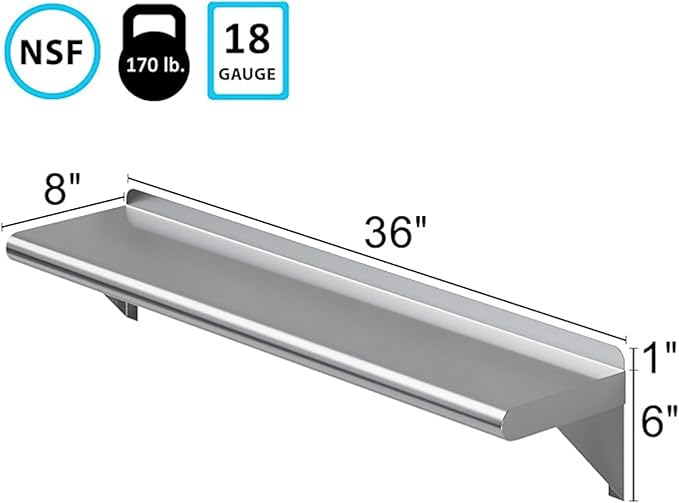 Stainless Steel Wall Shelf 8" x 36" | Metal Shelving | Garage, Laundry, Storage, Utility Room | Restaurant, Commercial Kitchen | NSF Certified |