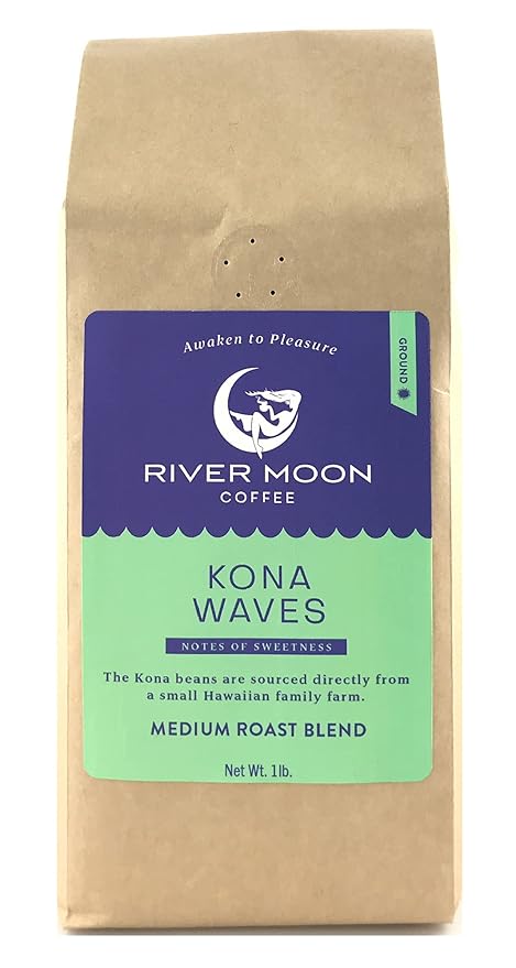 River Moon Coffee, Kona Coffee Ground, Medium Roast, 16 Ounces, Kona Waves Hawaiian Blend, Sustainably Farmed, 100% Arabica