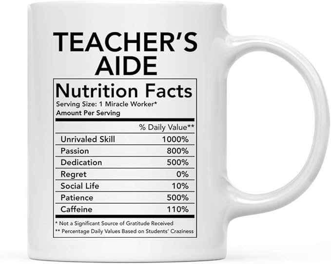 Andaz Press Funny 11oz. Ceramic Coffee Tea Mug Thank You Gift, Teacher's Aide Nutritional Facts, 1-Pack, Novelty Gag Birthday Christmas Gift Ideas Coworker
