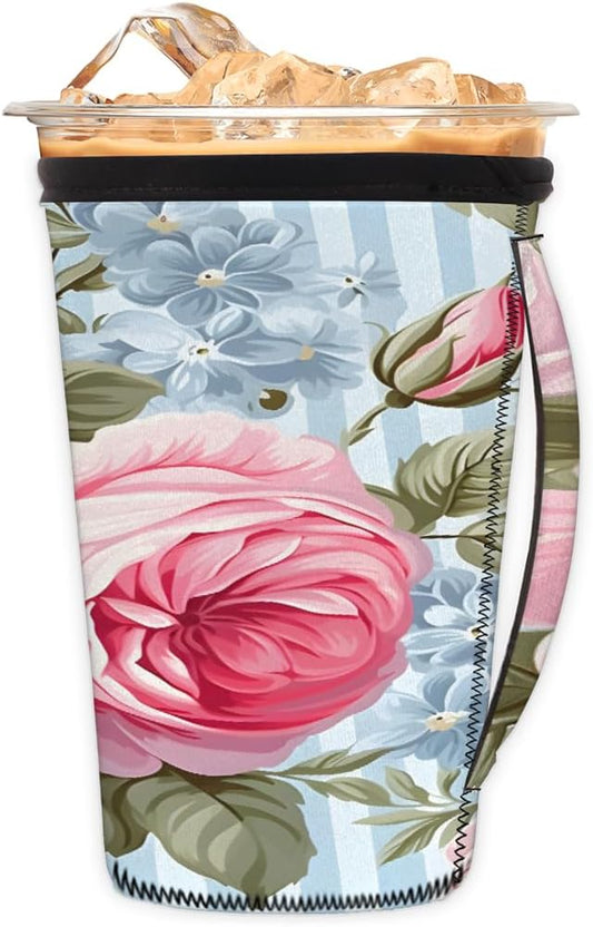 Reusable Iced Coffee Cup Sleeve Rose Blue Stripes Neoprene Insulated Sleeves Cup Holder with handle Idea for 24oz - 28oz