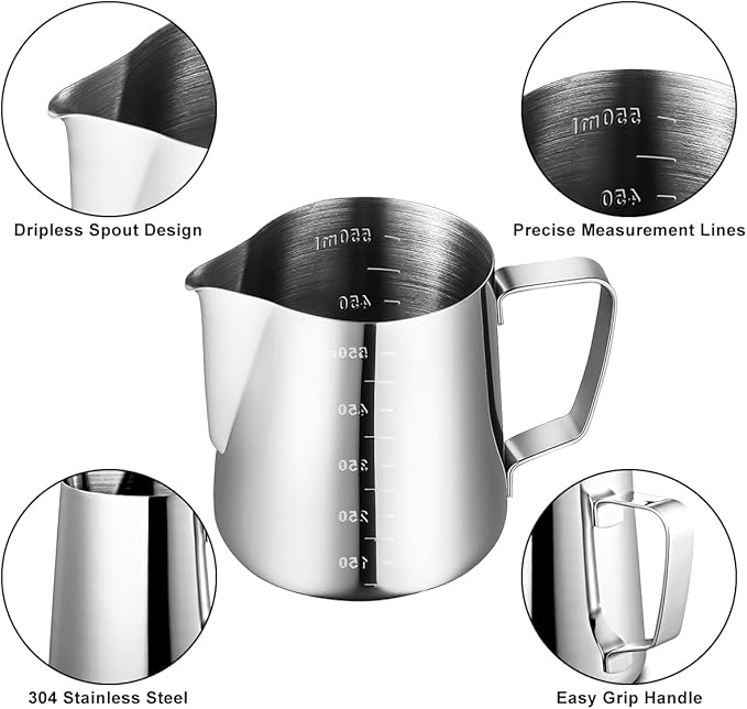 Milk Frothing Pitcher, 20oz Steaming Pitcher with Clear Scale, 304 Stainless Steel Milk Frother Cup Cappuccino Espresso Machine Accessories for Latte Art, Barista, Home Use, Easy Clean Barista Tool