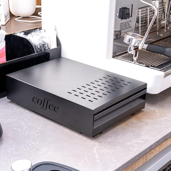 Restaurantware Restpresso 13.5 x 9.75 x 3.75 Inch Espresso Knock Box 1 Vented Coffee Knock Box - Detachable Drawer Silicone Knock Bar Black Stainless Steel Coffee Grounds Knock Box Durable