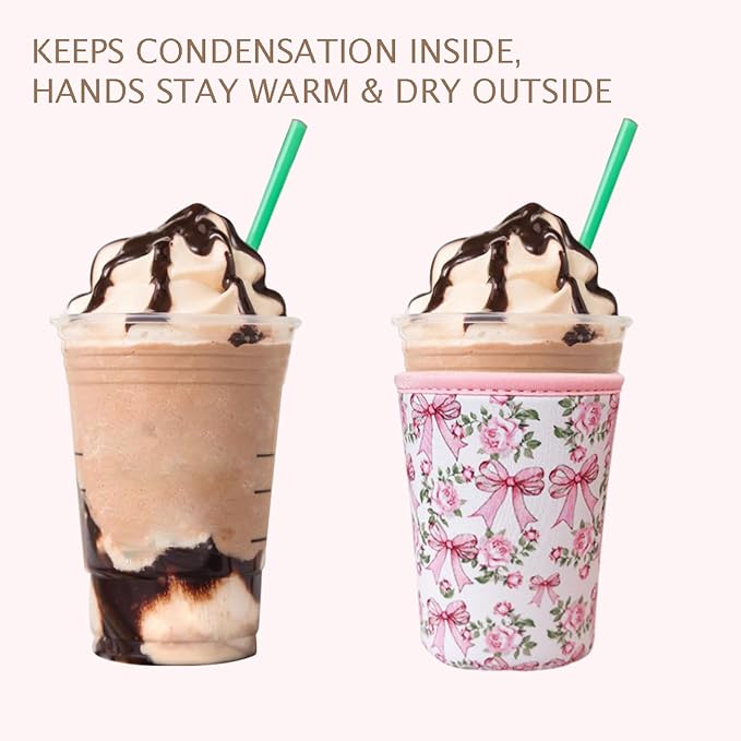 Reusable Insulated Neoprene Iced Coffee Cup Sleeve, Durable Drink Sleeve for Cold Beverages, Beverage Holder for Iced Coffee, Ribbon Rose