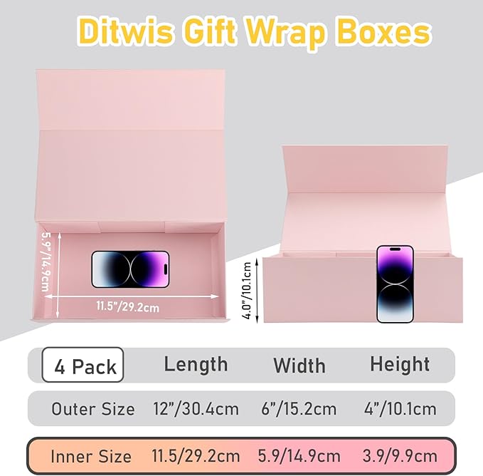 Ditwis 4 Pack 12x6x4 Inches Gift Boxes with Magnetic Closure Lids, Pink Magnetic Box for Wedding, Groomsmen Bridesmaid Proposal, Birthdays, Mother's Day