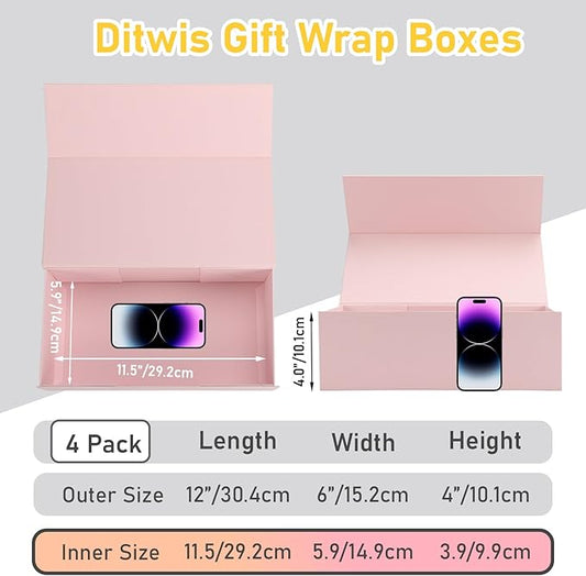 Ditwis 4 Pack 12x6x4 Inches Gift Boxes with Magnetic Closure Lids, Pink Magnetic Box for Wedding, Groomsmen Bridesmaid Proposal, Birthdays, Mother's Day