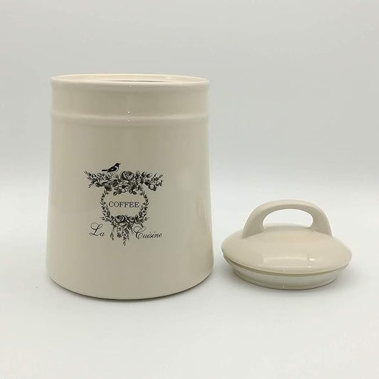 Ceramic Coffee Canister Jars,Airtight Coffee Storage Container with Handle Lid,Ceramic Food Storage Jars for Coffee Beans,Vacuum Sealed Vintage Kitchen Canisters Large,8.5 inches (Beige)