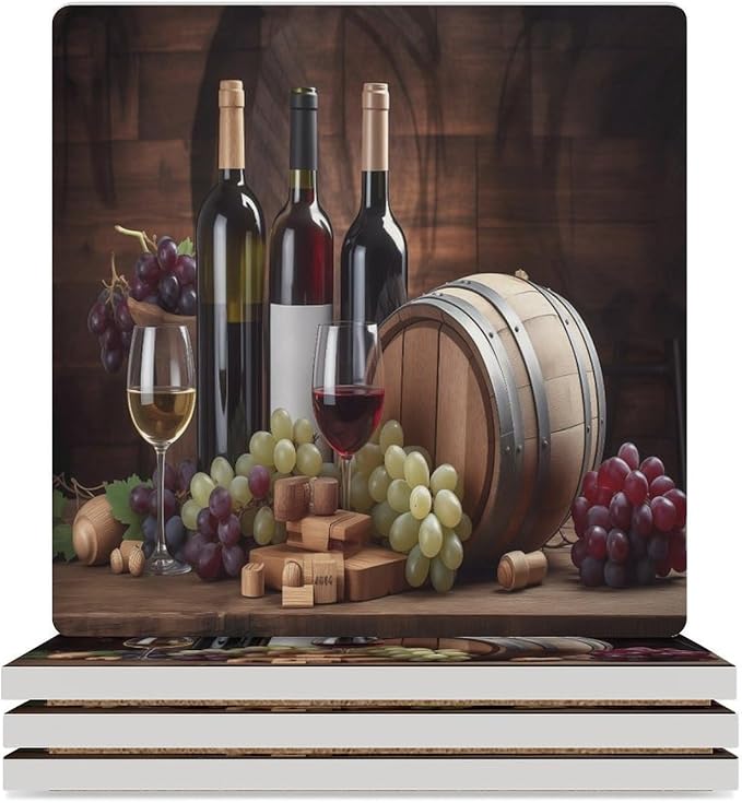 Square-4PCS Red Wine Ceramic Coasters, Square Absorbent Drink Coasters, Vintage Wood Style Red Wine Fruit Grapes Fruit Barware Ceramic Table Coasters for Coffee, Beverage, Wine, Beer Coasters