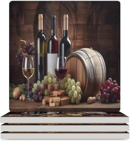 Square-4PCS Red Wine Ceramic Coasters, Square Absorbent Drink Coasters, Vintage Wood Style Red Wine Fruit Grapes Fruit Barware Ceramic Table Coasters for Coffee, Beverage, Wine, Beer Coasters