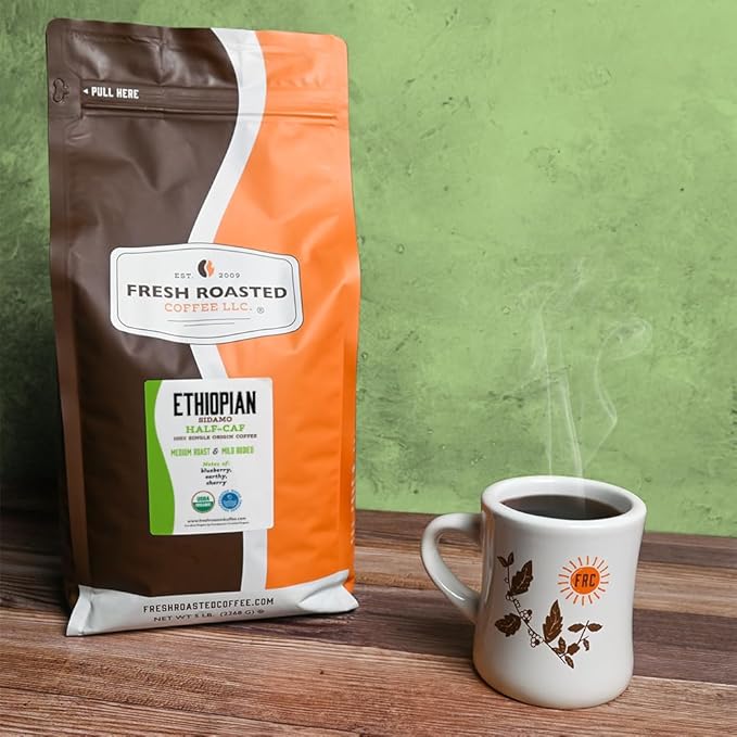 Fresh Roasted Coffee, Organic Ethiopian Sidamo Water-Processed Half-Caf | USDA Organic, 100% Single Origin, Kosher | Medium Roast 5 lb (80 oz) Whole Bean