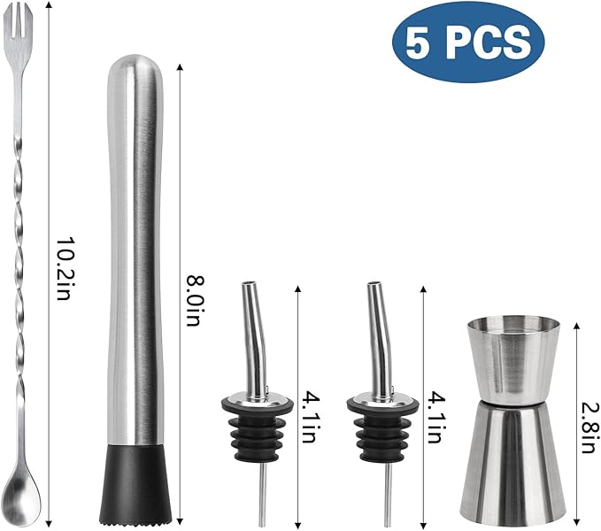 5 Pack Muddler for Cocktails Set - 304 Stainless Steel Cocktail Muddlers Versatile Cocktail Spoon, 2 Pcs Wine Pourer