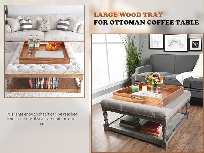Extra Large Square Wood Tray, Generously 22" Acacia Serving Trays for Large Ottoman Coffee Table, Giant Square Shape Sofa Tray with Handles, Kitchen Organizer Storage Trays Huge Counter Serveware