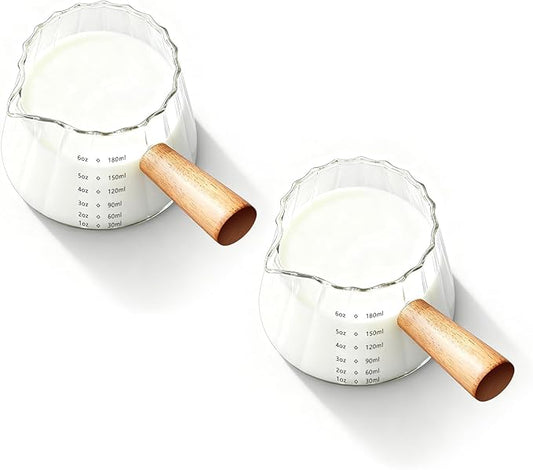 YARRAMATE 2 Pack 6 oz/180ML Glass Measuring Cup with Wooden Handle – Espresso Shot Cups, Ribbed Milk Frothing Pitcher, Dual Scale Markings, V-Shaped Mouth for Easy Pouring, Dishwasher Safe