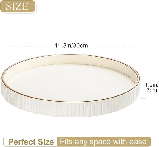GORESE 12" Round Decorative Serving Tray for Coffee Table, PU Leather Compact Table Tray for Home Decor, Nightstand Valet Tray for Jewelry, Perfume & Keys, Cream White