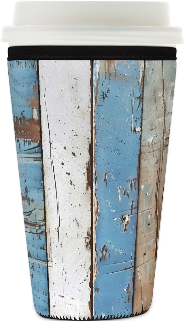 Rustic Beach Wooden Iced Coffee Sleeve for Cold Drink Cups, Reusable Neoprene Insulated Drink Sleeves Cup Cover for Beverages, Fits 26-28 oz