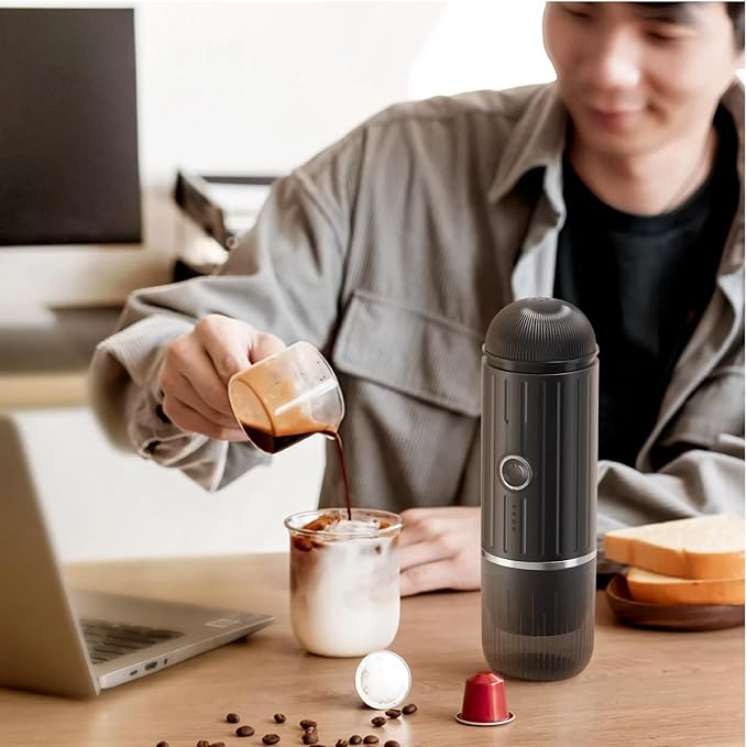 Portable Espresso Machine with 3-4 Min Self-heating, 12V Rechargeable Electric Coffee Machine 19 Bar Compatible with NS Capsules and Ground Coffee for Car Camping Travelling