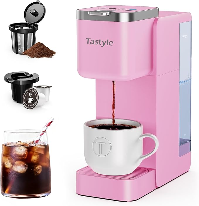 Tastyle Single Serve Coffee Maker, Iced and Hot Coffee Machine for K Cup & Grounds, Compact Design, 40oz Removable Water Reservoir, 6 to 24 Oz Brew Sizes, Fits 7.3" Travel Mug, Pink