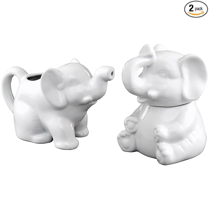 HIC Kitchen Elephant Sugar Bowl And Creamer With Handle, Fine Porcelain, For Serving Sugar, Milk, Cream, Syrup, And Sauces, 3-Piece Set