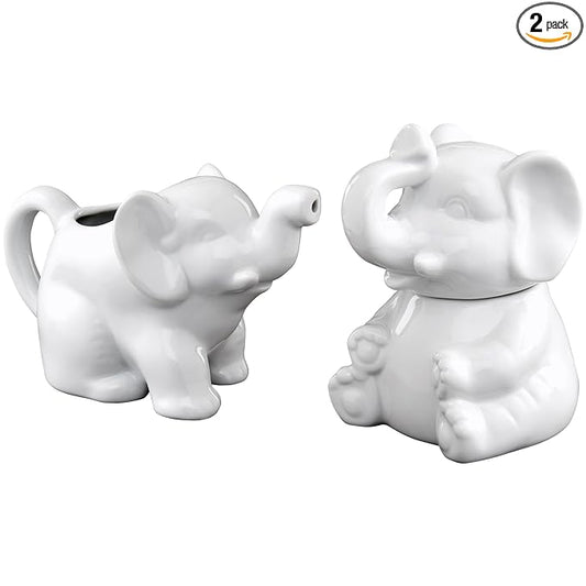 HIC Kitchen Elephant Sugar Bowl And Creamer With Handle, Fine Porcelain, For Serving Sugar, Milk, Cream, Syrup, And Sauces, 3-Piece Set