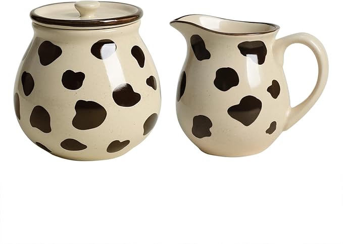 CHOOLD Retro Cow Pattern Creamer and Sugar Bowl Set, Cream Pitcher, Sugar Bowl with Lid, Coffee Serving Set