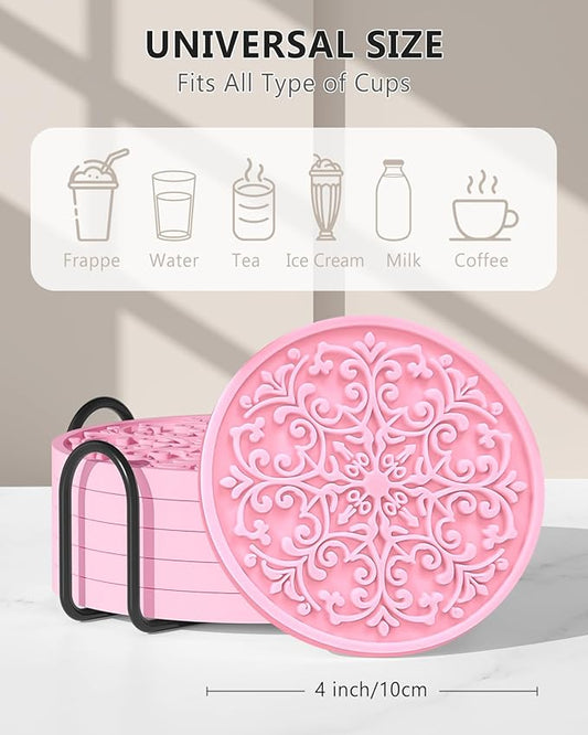 Drink Coasters, Coasters Set of 6 for Cup with Holder, Non-Slip Silicone Cup Mats for Hot and Cold Drinks, Cute Absorbent Coffee Bar Accessories Table Decor, Pink