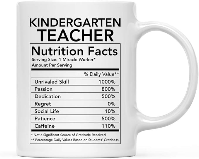 Andaz Press Funny 11oz. Ceramic Coffee Tea Mug Thank You Gift, Kindergarten Teacher Nutritional Facts, 1-Pack