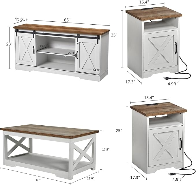 AMERLIFE 4-Piece Farmhouse Table Set Includes Sliding Barn Door TV Stand, Coffee Table& Two End Tables, Side Table with Charging Station and USB Ports, for Living Room, Distressed White, 66"