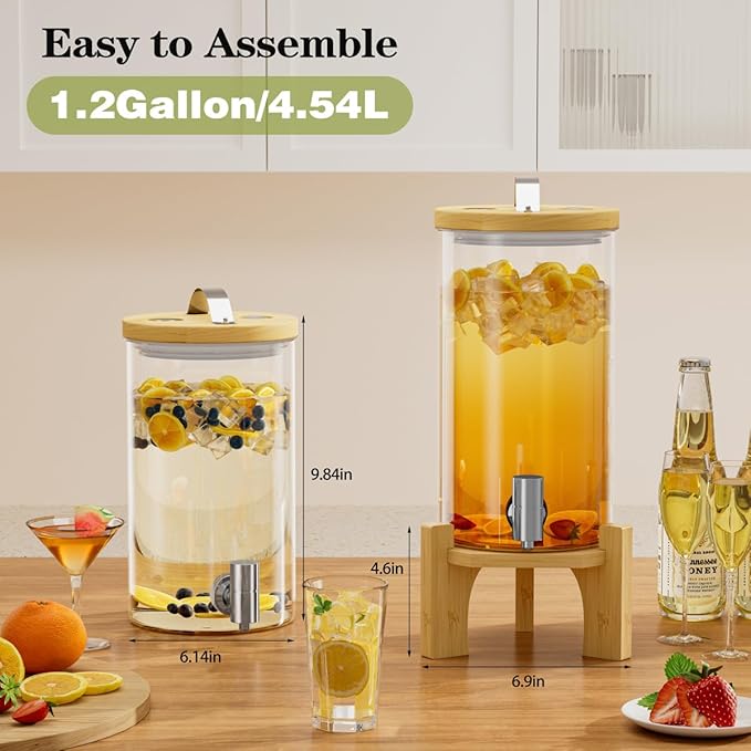VOVUVK 1.2 Gallon Glass Drink Dispenser For Parties, Beverage Dispenser With Bamboo Wood Stand And Stainless Steel Spigot, Countertop Water Dispenser, Lemonade Dispenser For Wedding, Picnic (2PACK)