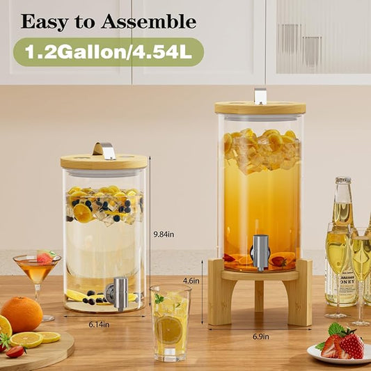 VOVUVK 1.2 Gallon Glass Drink Dispenser For Parties, Beverage Dispenser With Bamboo Wood Stand And Stainless Steel Spigot, Countertop Water Dispenser, Lemonade Dispenser For Wedding, Picnic (1PACK)