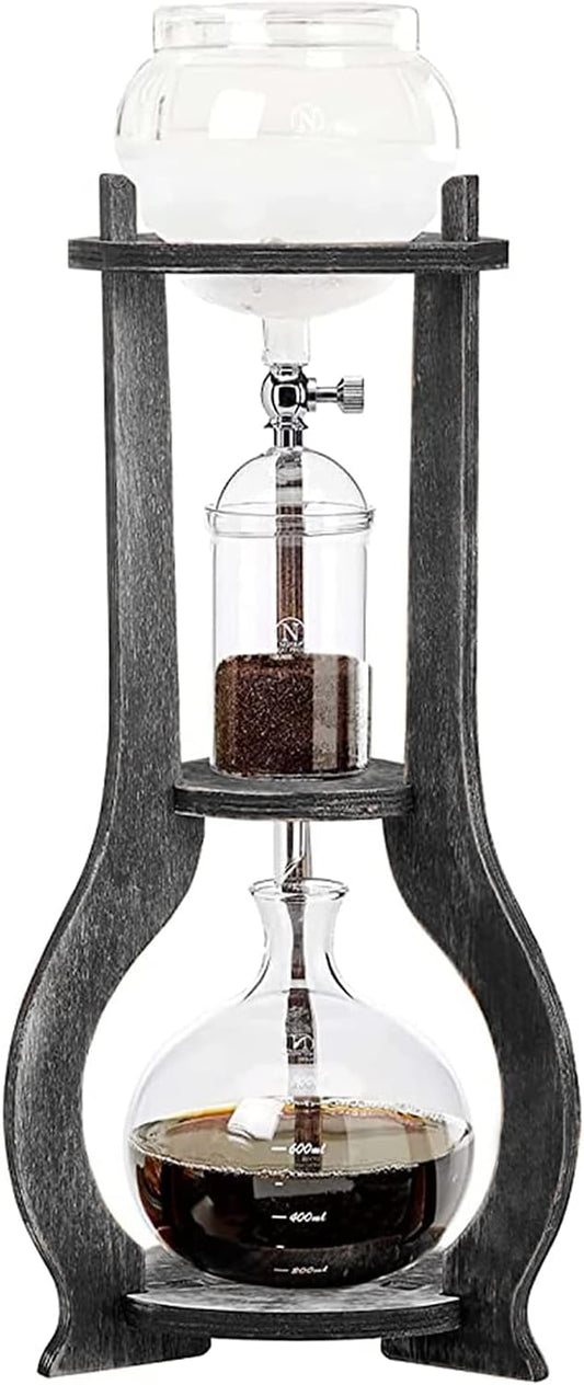 Iced Coffee Cold Brew Drip Tower Coffee Maker, Wooden Ice Coffee Machine, Stainless Steel and Borosilicate Glass, Long Neck Sharing Pot, with Measuring Spoon (Grey)