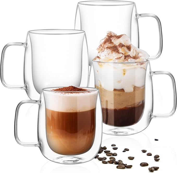 Glass Coffee Cups, Double Walled Glass Coffee Mugs 14oz, Insulated Clear Coffee Mug for Espresso Cappuccino Latte Tea Hot Iced Beverage, Expresso Cups coffee mugs set of 4 glass